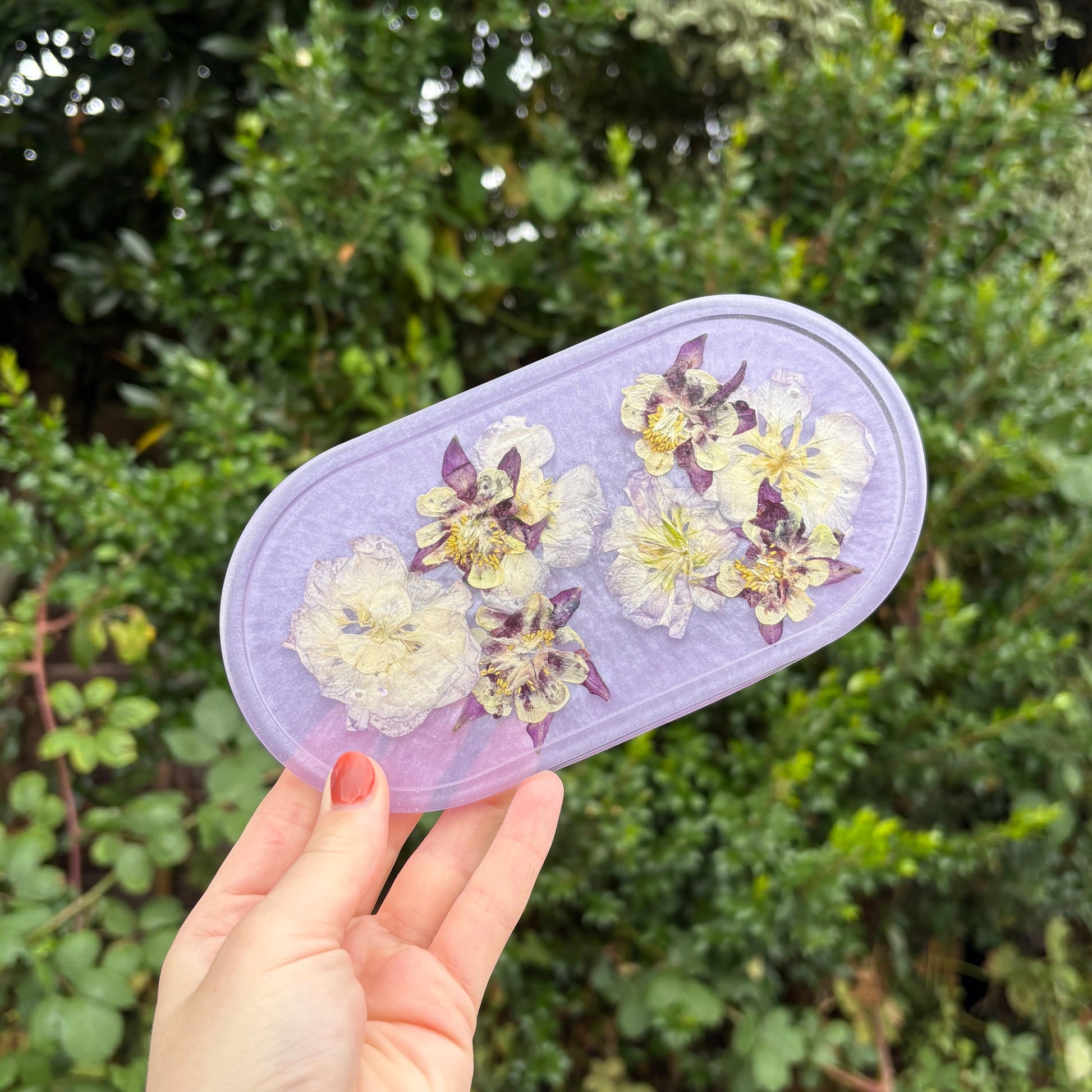 Resin jewellery holder with purple floral design, handmade