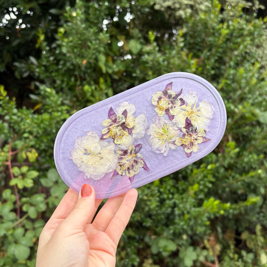 Resin jewellery holder with purple floral design, handmade