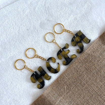 Personalised resin letter keychain, black and gold handmade accessory