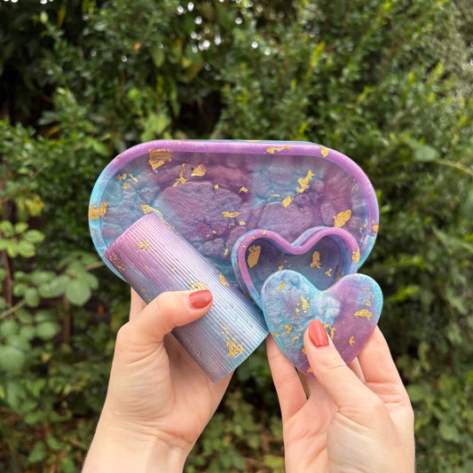 Handmade purple and blue marble resin trinket dish, tray, and vase set