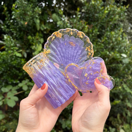 Handmade purple and gold marble resin trinket dish, shell tray and vase set