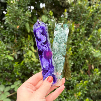 Handmade purple green and white marble resin bookmark, unique handmade gift