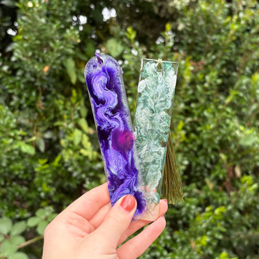 Handmade purple green and white marble resin bookmark, unique handmade gift