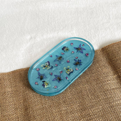 Handmade oval resin soap dish in sky blue with flowers