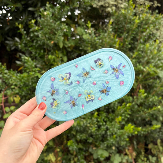 Handmade sky blue floral resin vanity tray with embedded flowers