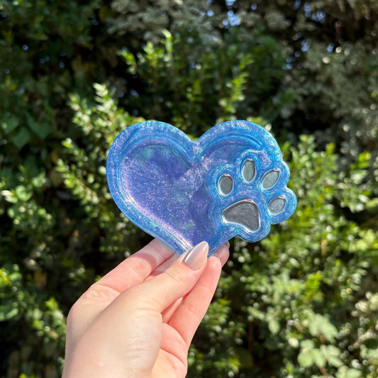 Handmade soft blue glitter dog paw resin dish tray