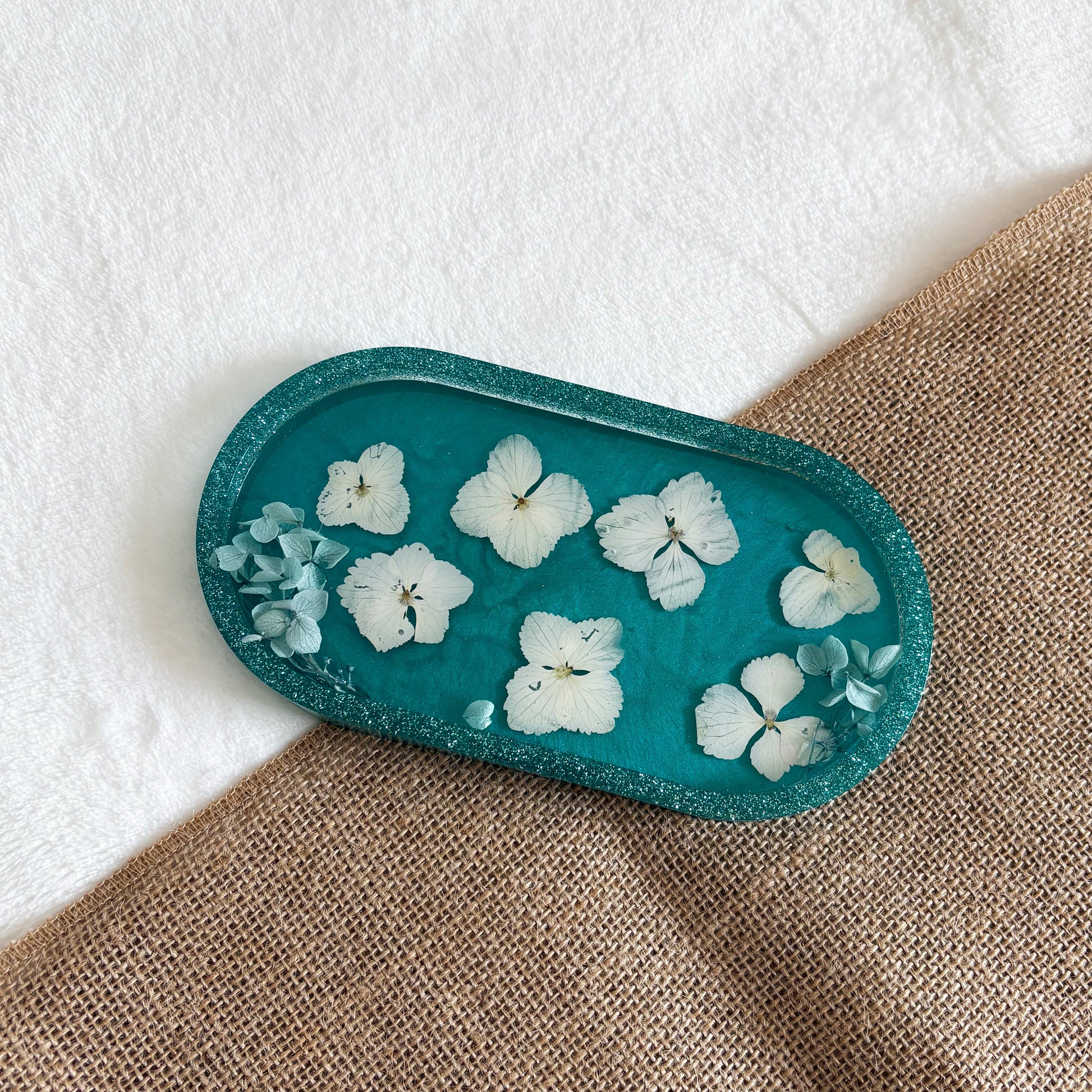 Resin jewellery holder, teal with white floral details, handmade