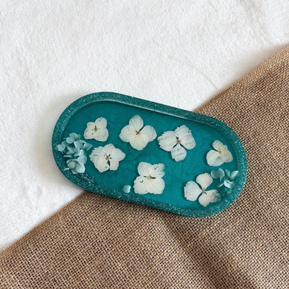 Resin jewellery holder, teal with white floral details, handmade