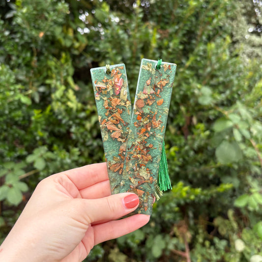 Teal and rose petal handmade resin bookmark with real pressed flowers