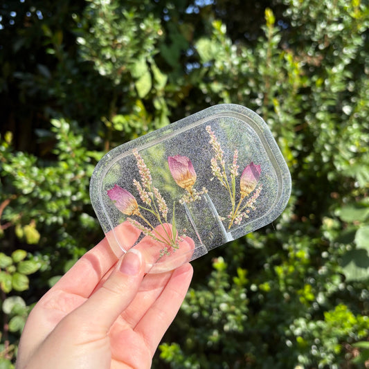 Handmade transparent resin soap dish with real pressed flowers