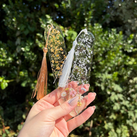 Transparent handmade resin bookmark with gold and silver leaf and florals, unique handmade gift