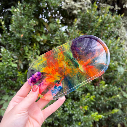 Transparent handmade resin soap dish with colourful marble ink