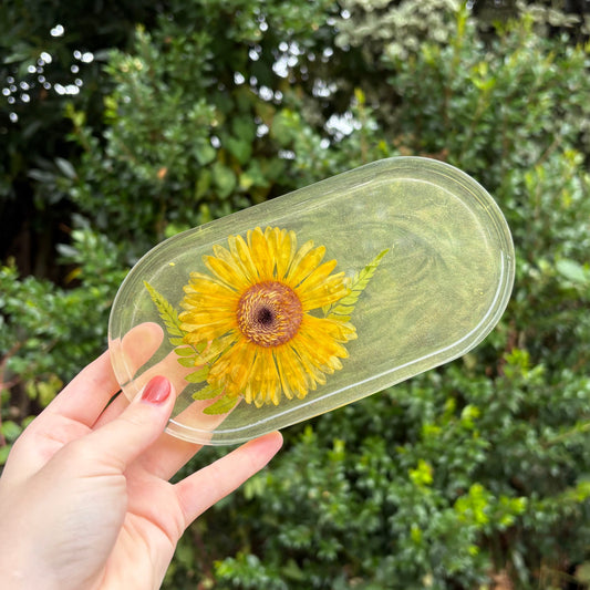 Transparent yellow resin vanity tray, handmade decorative oval dish.
