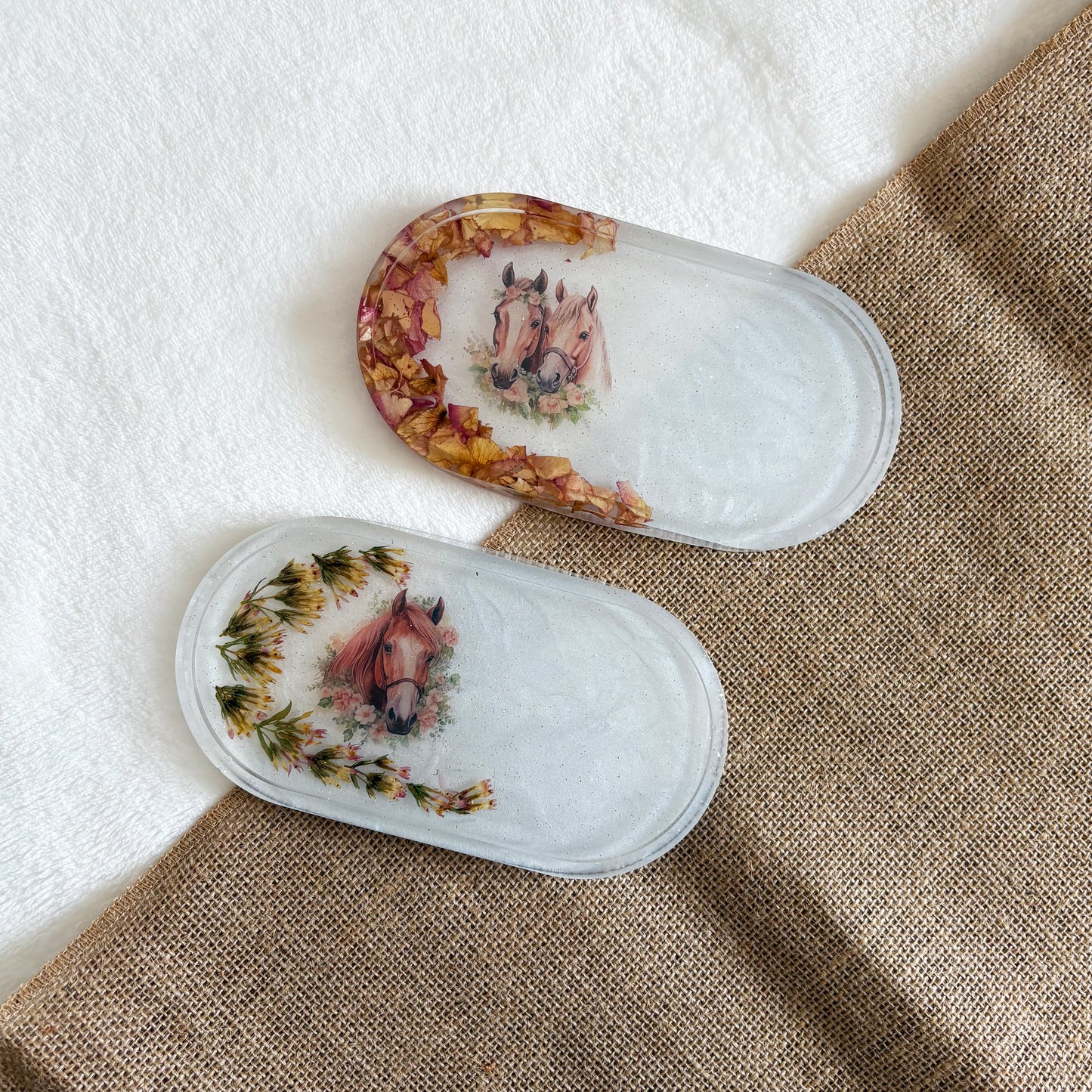 Decorative white resin tray with horse design, handmade