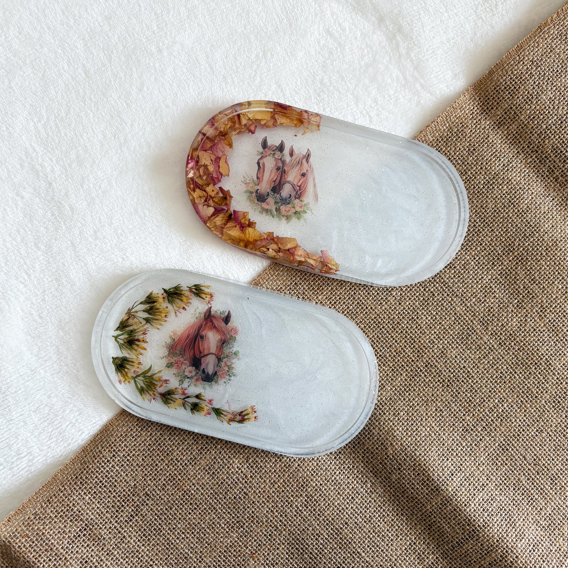 Decorative white resin tray with horse design, handmade