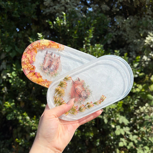 Handmade white resin vanity tray with horse accent